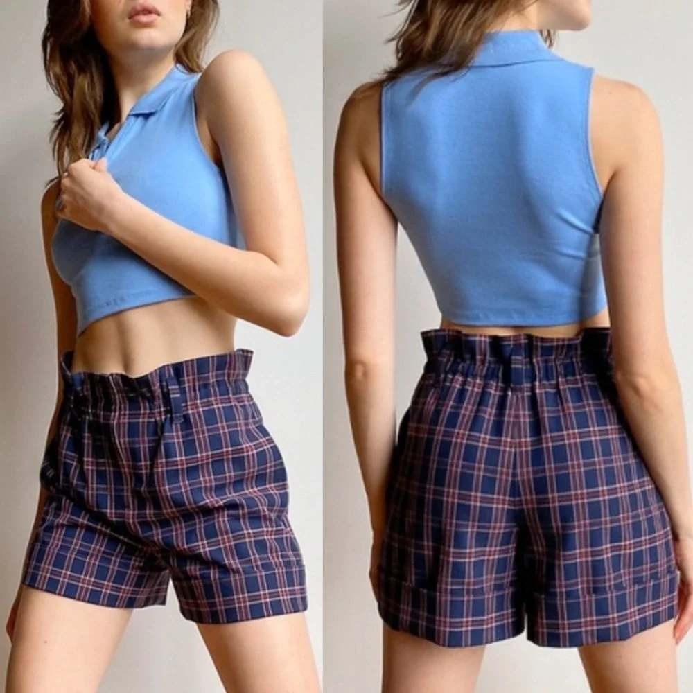 Aritzia Sunday Best Plaid
Paperbag Short Navy/Red/light pink High Waisted Cuffed
